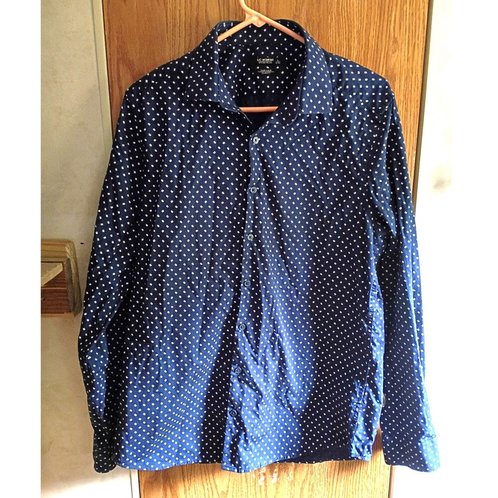 Navy Swiss Dot Button Down Shirt Mens L Slim Fit LC Waikiki Business Casual
